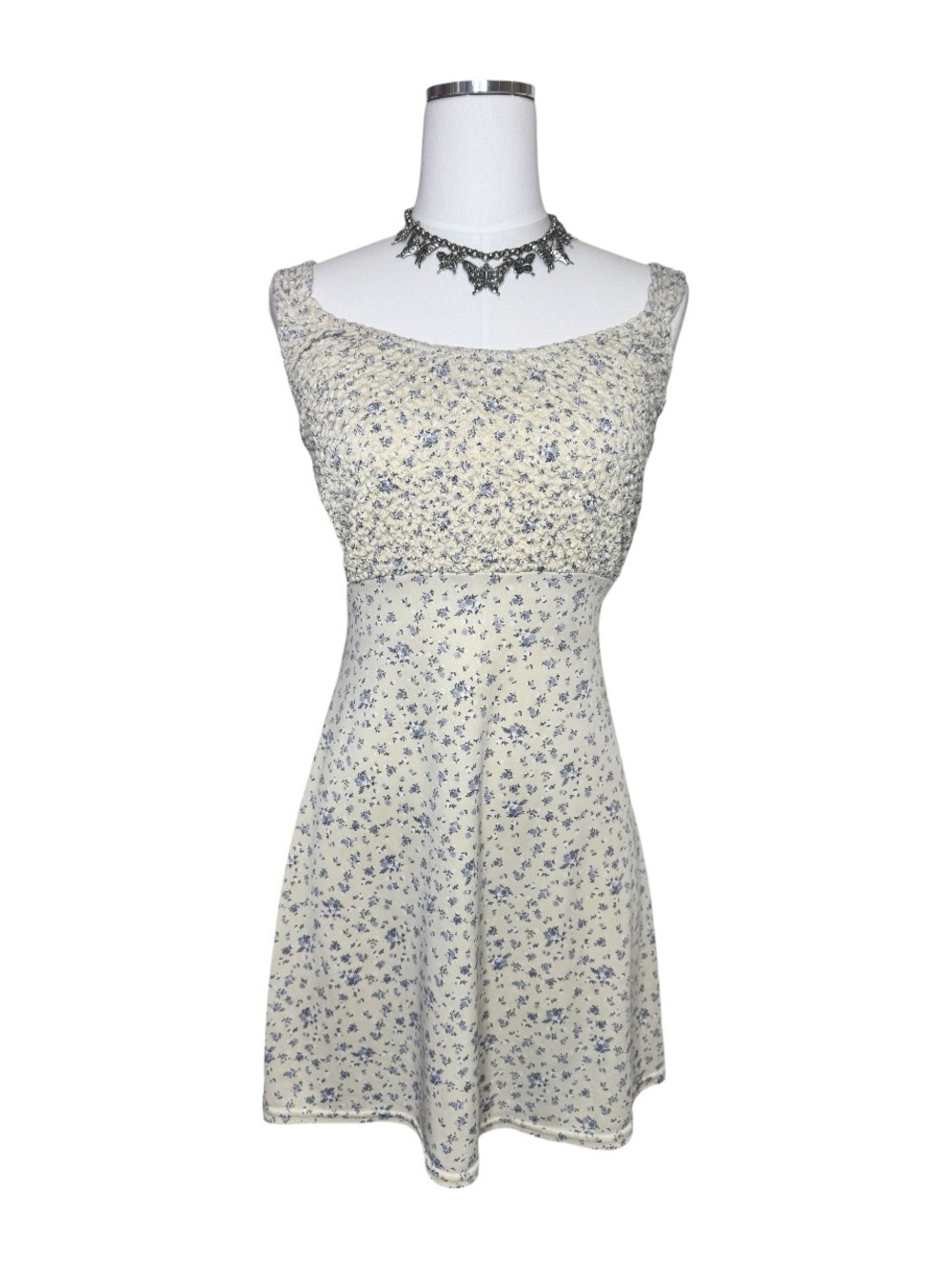 Y2K Up Front Butter Yellow + Blue Floral Smocked A-Line Dress Size Medium